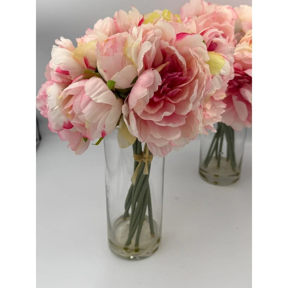 Set of 2 Faux Pink Peony Silk Flower Arrangements in Glass Vases with Faux Water